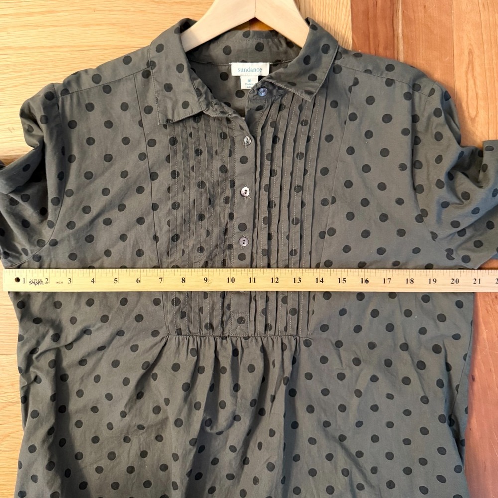 Sundance Olive Green "Lively Days" Top Polka Dot Cotton Pintuck Tunic Blouse MED - Picture 6 of 10